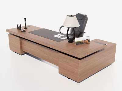 Wooden Office Desk with Table Lamp Telephone Pen Holder and Black Chair 3d model
