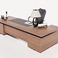 Wooden Office Desk with Table Lamp Telephone Pen Holder and Black Chair