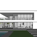 Modern White Detached Villa Exterior With Large Glass Windows Balcony Green Lawn And Pool