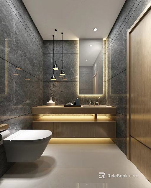 Modern Hotel Bathroom Interior Design With Marble Walls Hanging Lights And Vanity Mirror 3d model 