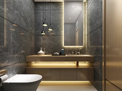 Modern Hotel Bathroom Interior Design With Marble Walls Hanging Lights And Vanity Mirror 3d model