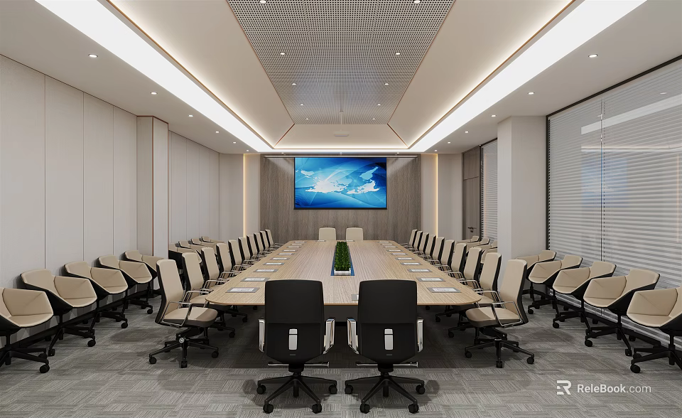 Modern Conference Room Interior Design With Long Table Comfortable Chairs And Large Screen 3d model