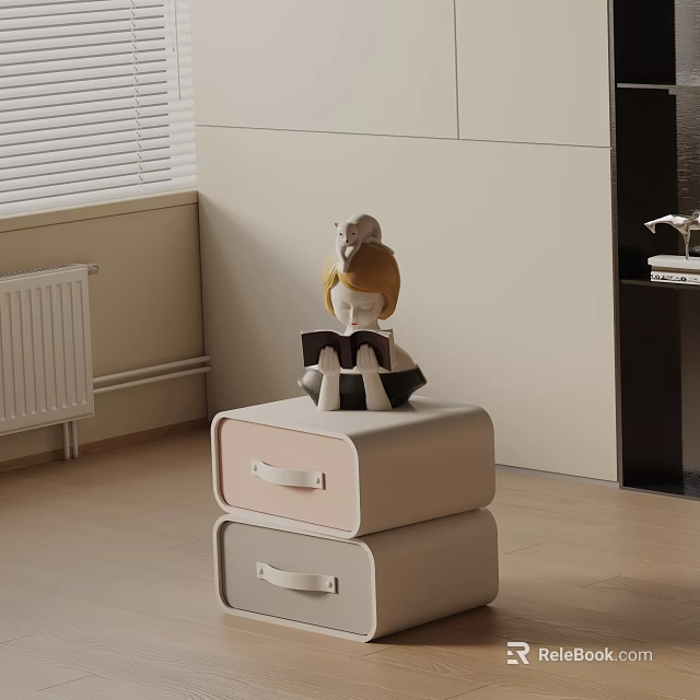 Light Colored Nightstand With Two Drawers And Human Shaped Figurine On Top 3d model