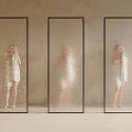 Transparent Room Dividers with Black Frames and Textured Glass Featuring Female Silhouette on Beige Wall