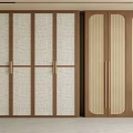 Modern Wardrobe Design Featuring Wooden Frame Vertical Striped And Circular Slat Panels With Golden Handles