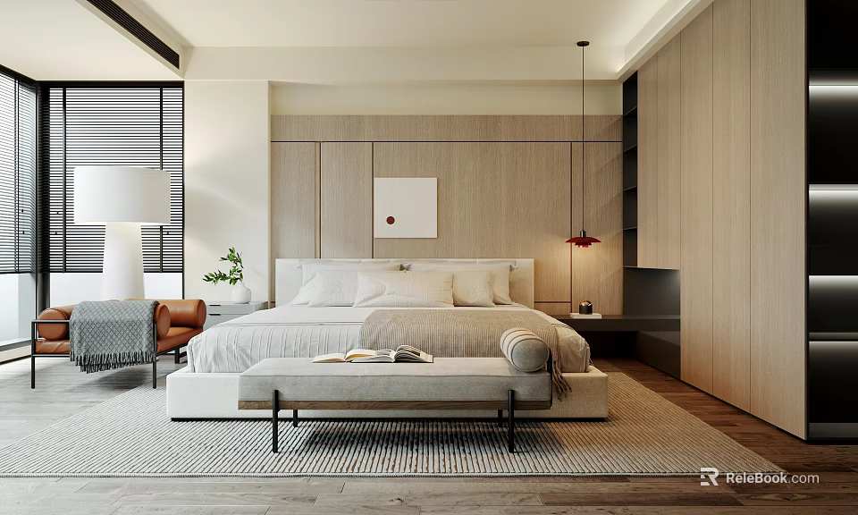 Minimalist Bedroom Interior With White Bedding Wooden Wall Bench Floor Lamp And Green Plant 3d model 