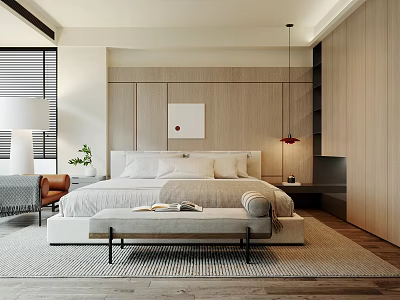 Minimalist Bedroom Interior With White Bedding Wooden Wall Bench Floor Lamp And Green Plant 3d model