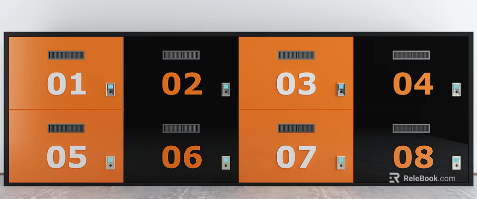 Orange And Black Storage Lockers With Numbered Doors And Metal Locks In Modern Facility 3d model 
