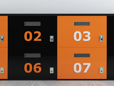 Orange And Black Storage Lockers With Numbered Doors And Metal Locks In Modern Facility 3d model