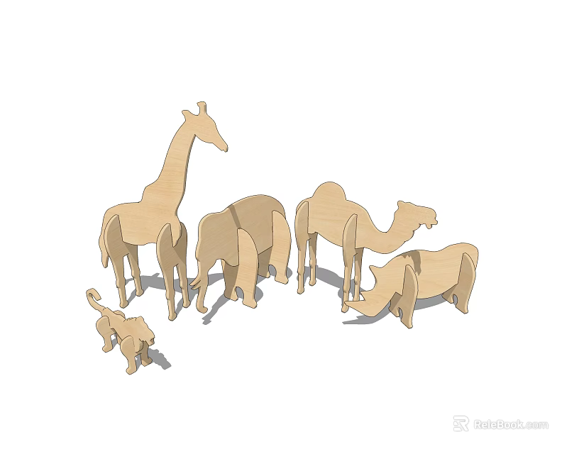 Wooden Animal Decorative Figurine Set With Giraffe Elephant Camel Rhino And Lion Cub 3d model 