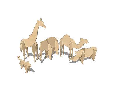 Wooden Animal Decorative Figurine Set With Giraffe Elephant Camel Rhino And Lion Cub 3d model