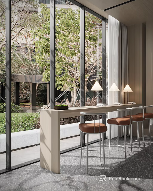 Contemporary Sales Office Interior With Large Glass Windows Green Plants Table Lamps And Reception Counter 3d model 