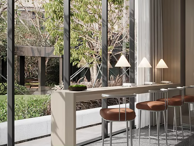 Contemporary Sales Office Interior With Large Glass Windows Green Plants Table Lamps And Reception Counter 3d model