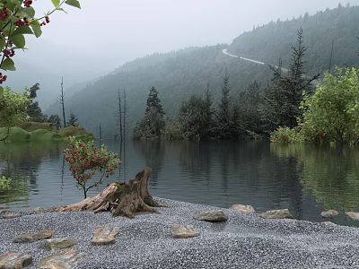 Misty Mountain Scenery With Calm Lake Reflection Lush Trees And Pebble Shore 3d model