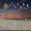 Tea Break Area With Long Table String Lights And Snacks Display Setup