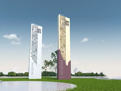 Elegant Garden Landscape with Tall Carved Decorative Pillars Green Lawn and Trees Under Blue Sky 3d model