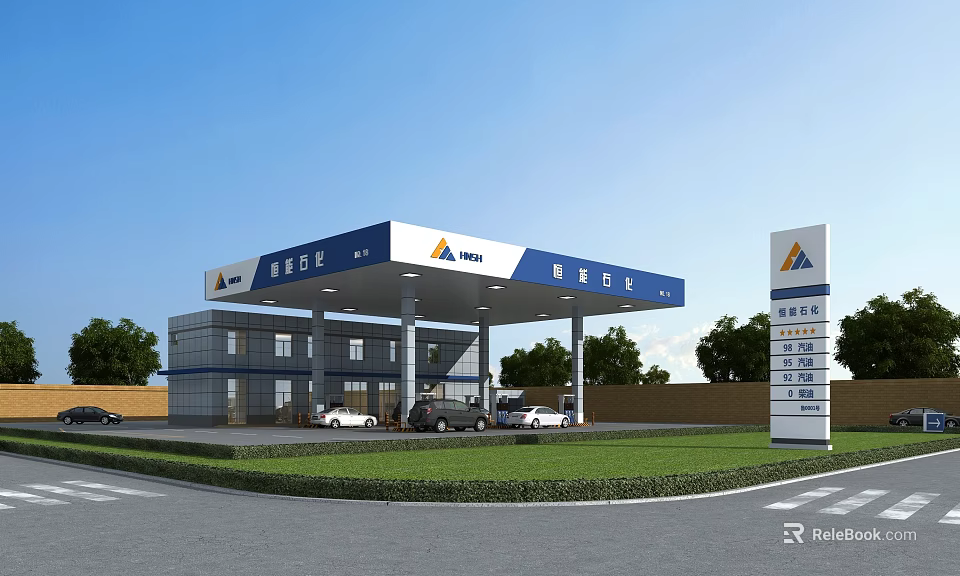 Modern Gas Station With Fuel Pumps Cars Lawn And Trees Signage 3d model 