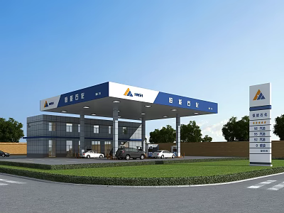 Modern Gas Station With Fuel Pumps Cars Lawn And Trees Signage 3d model