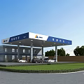 Modern Gas Station With Fuel Pumps Cars Lawn And Trees Signage
