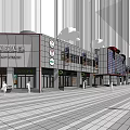 Modern International Commercial Street with Retail Stores Pedestrians and Stone Paved Walkway