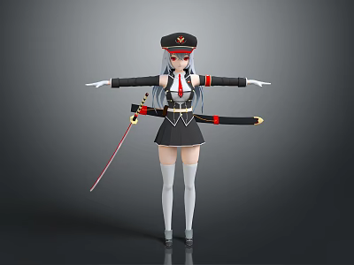 Anime Style Female Character 3D Model With Uniform Hat Long Silver Hair And Sword 3d model