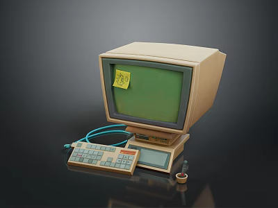 Vintage Computer With Green Screen Monitor Yellow Sticky Note Keyboard And Cables 3d model