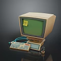 Vintage Computer With Green Screen Monitor Yellow Sticky Note Keyboard And Cables