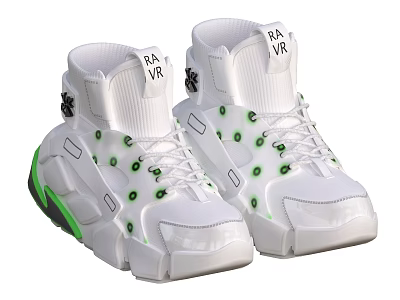 White High-Top Shoes With Green Dots Design RA VR Logo on Tongue And White Laces 3d model