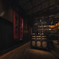 Elegant Modern Restaurant Interior With Dark Tables Chairs Lattice Wall Ceiling Fans And Wine Shelves