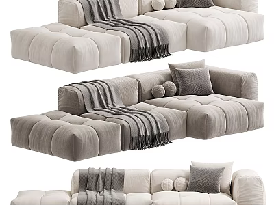 Modern Sectional Sofa With Plush Beige Upholstery Fleece Throw And Accent Pillows 3d model