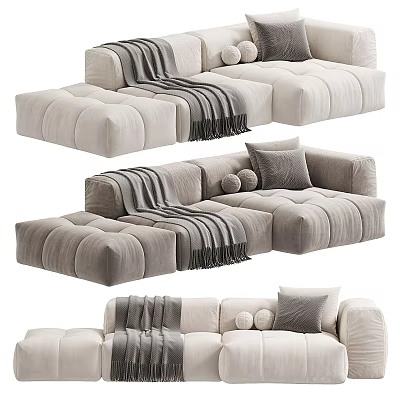 Modern Sectional Sofa With Plush Beige Upholstery Fleece Throw And Accent Pillows 3d model