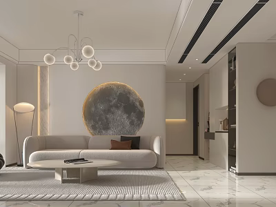 Elegant Modern Living and Dining Room Interior With Round Moon Decoration Chandelier And Marble Floor 3d model