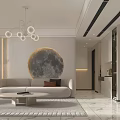 Elegant Modern Living and Dining Room Interior With Round Moon Decoration Chandelier And Marble Floor