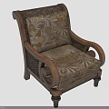 Traditional Wooden Chair With Carved Armrests Floral Patterned Cushion And Rattan Weaving