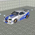 Silver Modified Sports Car With Blue Stripes Rear Spoiler And Stylish Wheels