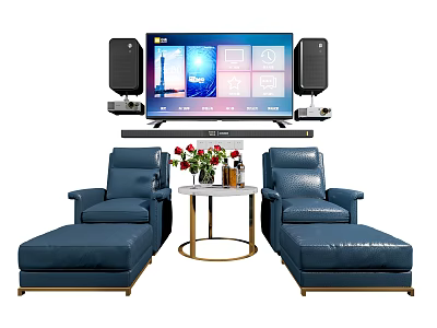 Blue Leisure Sofa Set with Two Armchairs Ottomans and Coffee Table Flowers TV Speakers 3d model