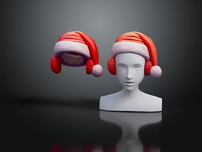 Red Santa Hat with White Fur Trim and Pom Poms for Christmas Celebration 3d model