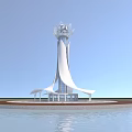 Contemporary White Tower With Lotus Shaped Top On Waterfront Platform Design