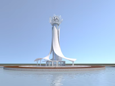 Contemporary White Tower With Lotus Shaped Top On Waterfront Platform Design 3d model
