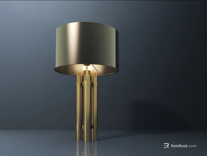 Elegant Modern Table Lamp With Golden Metallic Stands Round Shade Illuminated Warm Light 3d model 