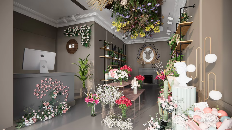 Florist Shop With Colorful Flower Arrangements Fresh Roses Decorative Shelves And Green Plants 3d model 