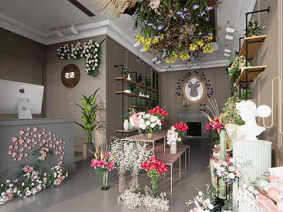 Florist Shop With Colorful Flower Arrangements Fresh Roses Decorative Shelves And Green Plants 3d model