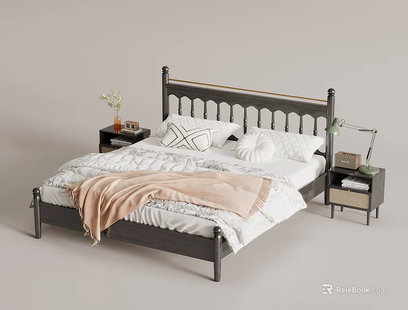 Modern Double Bed with White Bedding Pillows Pink Blanket and Nightstands Featuring Lamp and Flowers 3d model 
