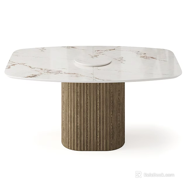 Oval Dining Table With White Marble Top And Wooden Grooved Cylindrical Base 3d model