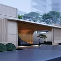 Modern Architectural Entrance Gate With Green Plants Stone Facade And Warm Lighting