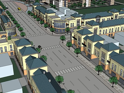 Commercial Street With Classical Buildings Tree Lined Avenue And Blue Roofs 3d model