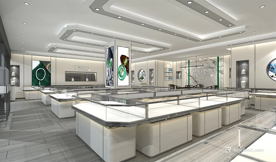 Modern Jewelry Store Interior With Glass Display Cases And Bright Lighting 3d model