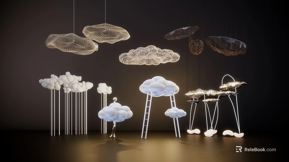 Cloud Shaped Decorative Lights Hanging and Floor Standing with Mesh White Designs for Interior Decoration 3d model 
