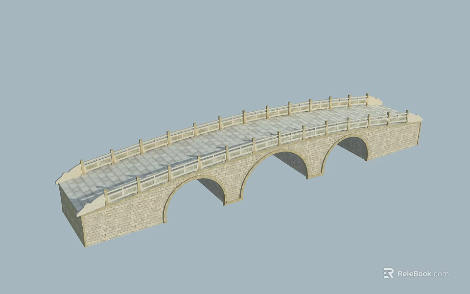 Traditional Stone Arched Bridge With Three Arches And Stone Railings 3d model 