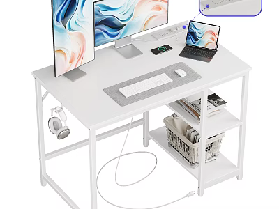 White Modern Desk Setup With Dual Monitors Laptop Keyboard Mouse Headphones And Storage Basket 3d model